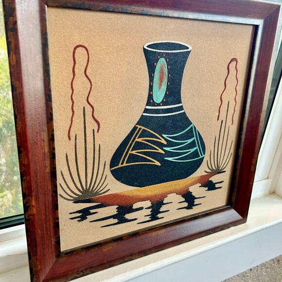 Vintage Navajo Framed Sand Art Painting of Beautiful Pottery - Picture 3 of 16